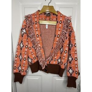 Grace & Karma Cardigan Sweater Womens XL Orange Fringe Western Tribal Knit Boho